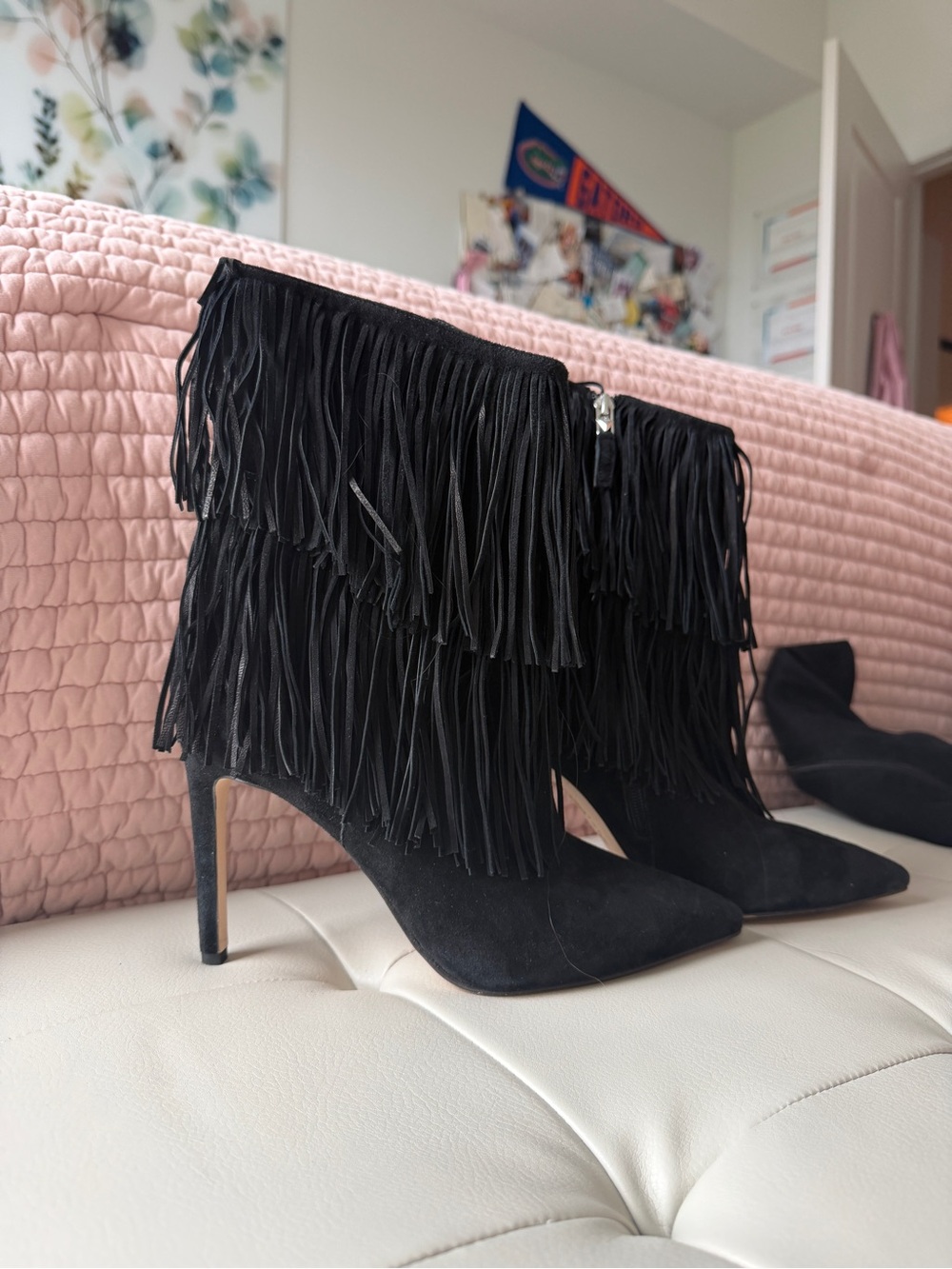 Sam Edelman Black Suede Fringe Stiletto Ankle Boots